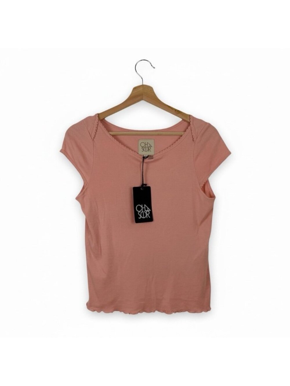 CHASER Baby Tee Size Small Peach Pink Ruffle Lettuce Edge Cotton Jersey Knit Top